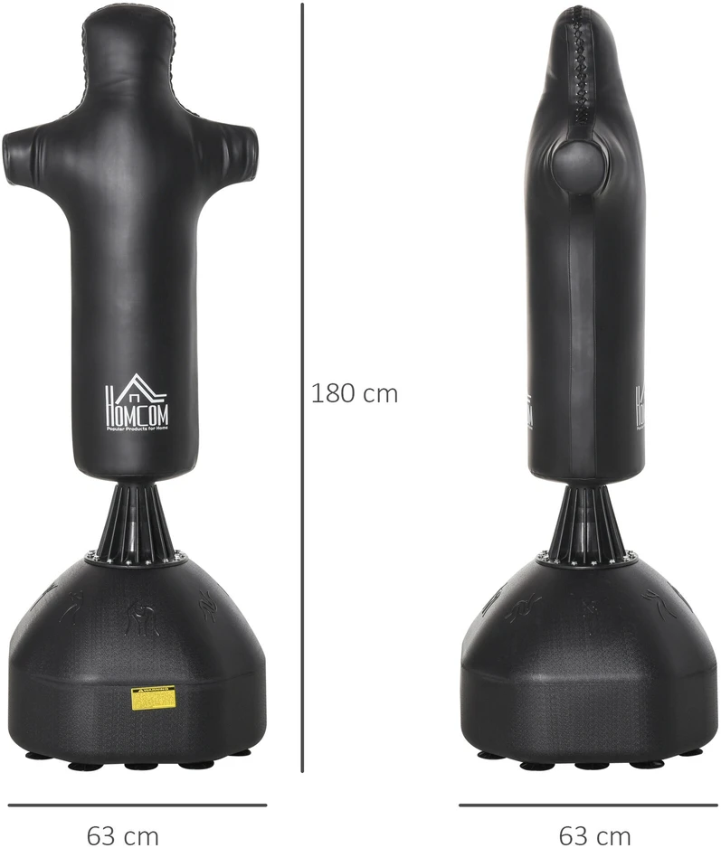 HOMCOM pastatomas bokso maišas, 180 cm, suaugusiems, bokso manekenas, bokso stulpas, humanoidinio dizaino, tvirtas bokso maišas profesionalams ir pradedantiesiems, juodas