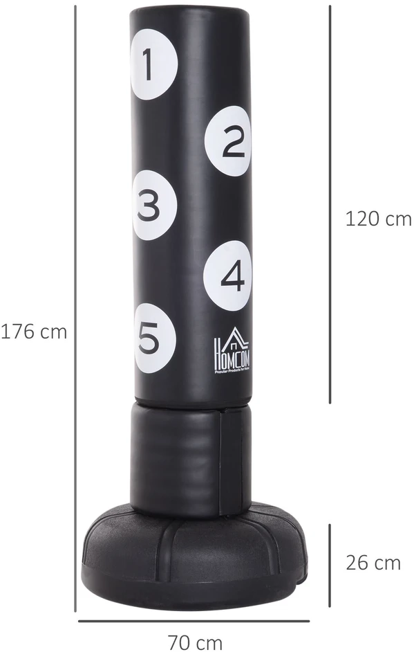 HOMCOM pastatomas bokso maišas 176 cm suaugusiesiems, laisvai stovintis, tvirtas, su stovu ir vinilo paminkštinimu, bokso partneris, bokso treniruoklis, juodas