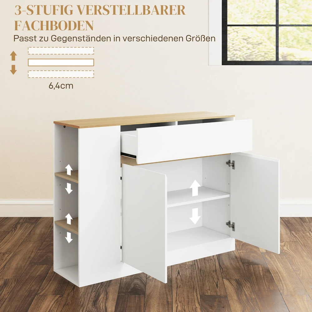 HOMCOM Spintelė, virtuvės spintelė su stalčiais, reguliuojama lentyna, sandėliavimo spintelė su apsauga nuo pasvirimo, šoninė spintelė virtuvei, valgomajam, 105 x 30 x 81,5 cm Balta