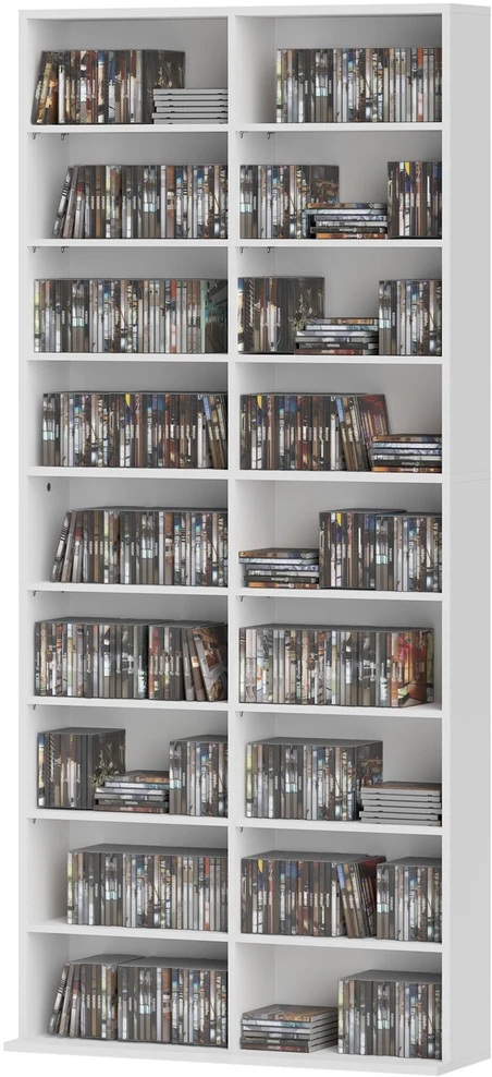 HOMCOM CD DVD Blu-ray lentyna, CD stovas talpinantis iki 640 CD, 360 DVD arba 430 Blu-ray diskų, knygų lentyna, medijų lentyna svetainei, 78,5 x 24 x 175 cm, balta
