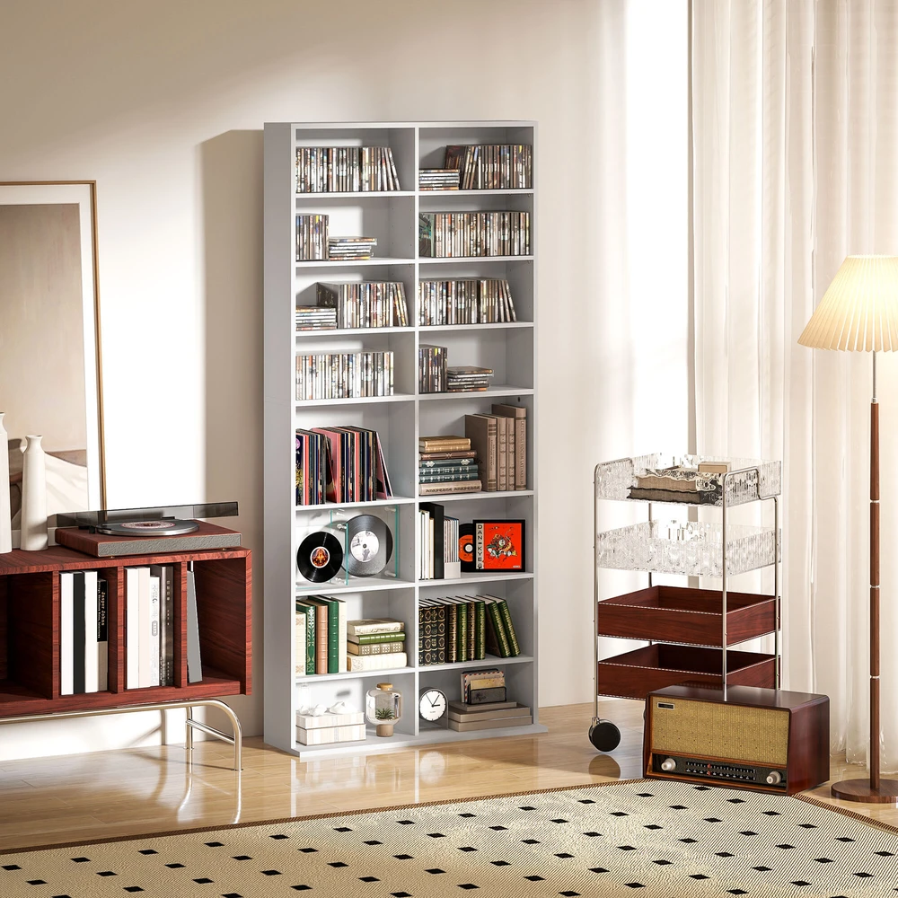HOMCOM CD DVD Blu-ray lentyna, CD stovas talpinantis iki 640 CD, 360 DVD arba 430 Blu-ray diskų, knygų lentyna, medijų lentyna svetainei, 78,5 x 24 x 175 cm, balta