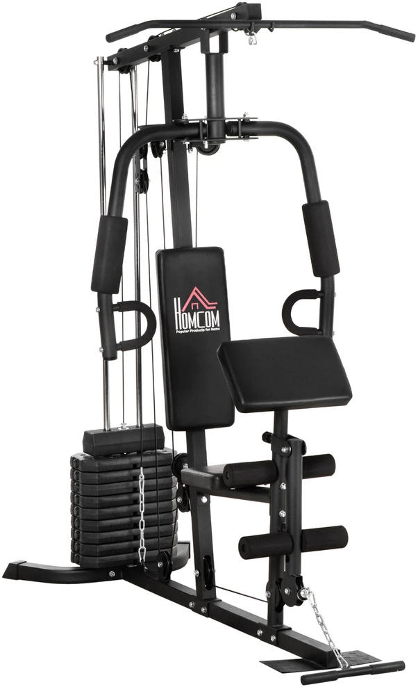 HOMCOM jėgos staklės su latissimus traukimo ir drugelio funkcija, 45 kg svorių rinkinys, plienas, dirbtinė oda, juodos spalvos, 180 x 108 x 200 cm