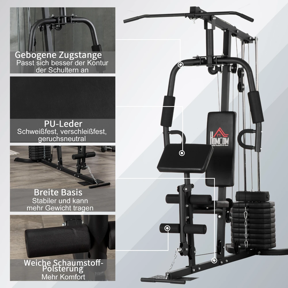 HOMCOM jėgos staklės su latissimus traukimo ir drugelio funkcija, 45 kg svorių rinkinys, plienas, dirbtinė oda, juodos spalvos, 180 x 108 x 200 cm