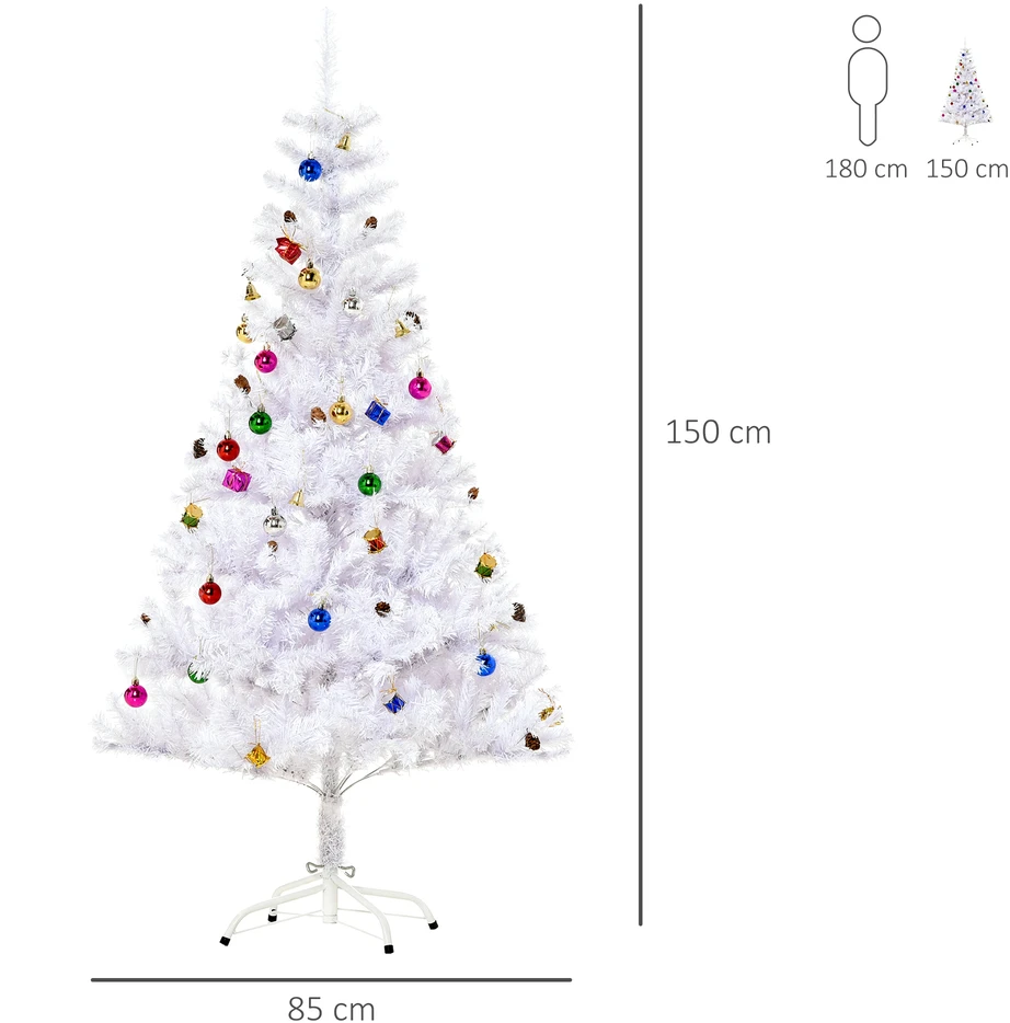 Homcom Dirbtinė Kalėdų eglutė 150 cm su stovu ir dekoracijomis, Balta
