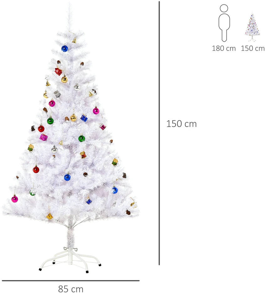 Homcom Dirbtinė Kalėdų eglutė 150 cm su stovu ir dekoracijomis, Balta