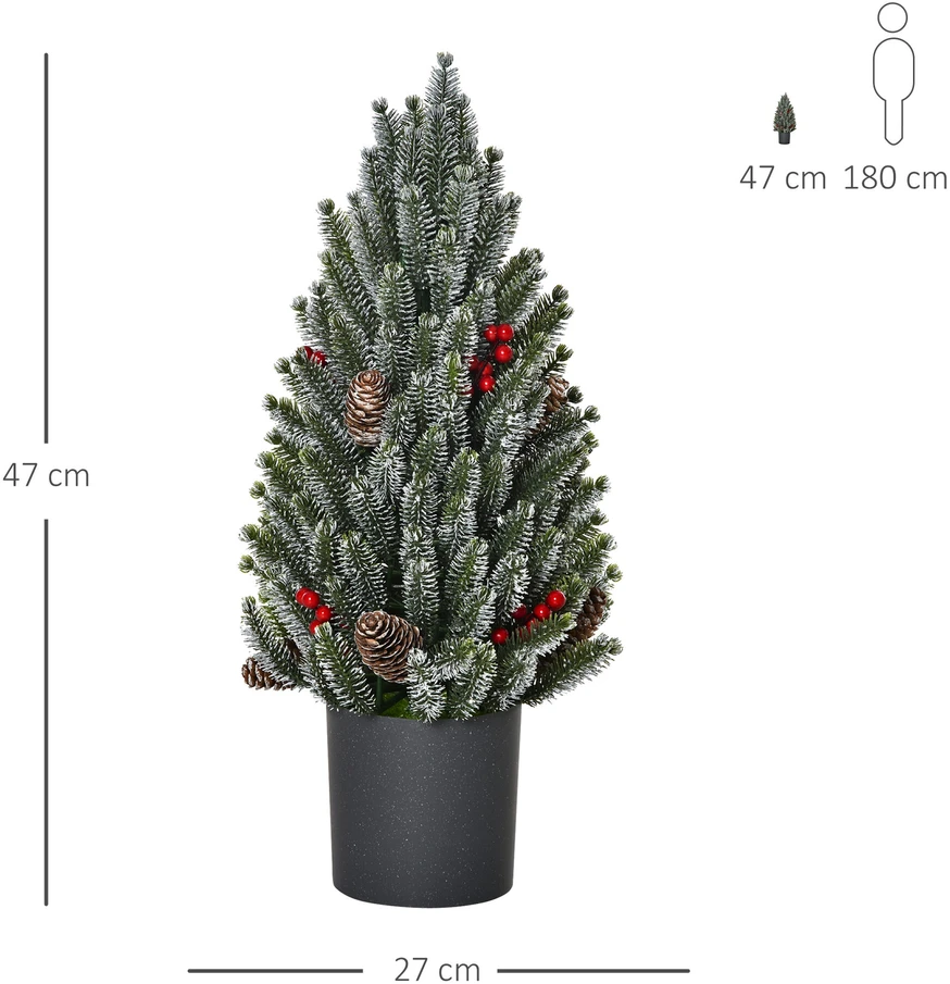 HOMCOM dirbtinė Kalėdų eglutė, stalinė eglutė, 170 šakų, snieguotas dizainas, su plastikiniu stovu, uogomis, kankorėžiais, PE, PVC, Ø27 x 47 cm