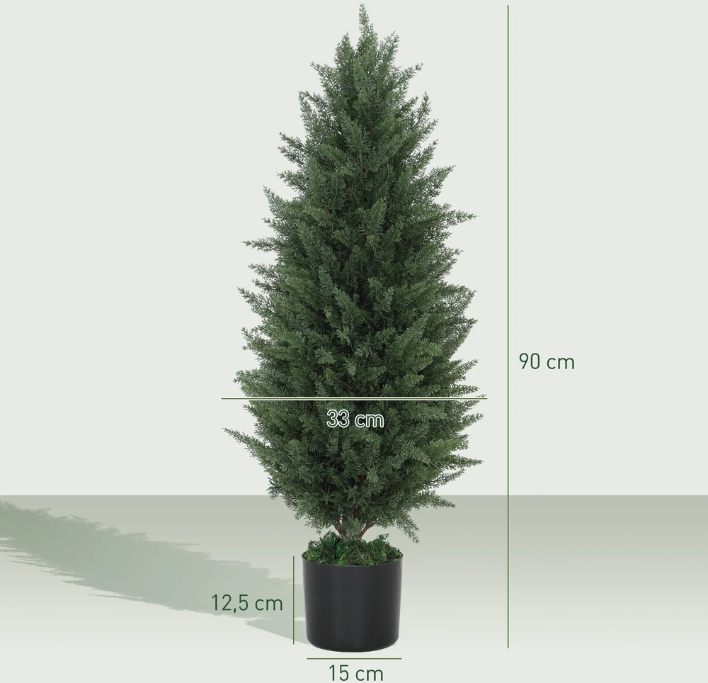 HOMCOM dirbtinis kiparisas, 2 vnt. komplektas, 90 cm, dirbtinis augalas vazone, atsparus UV spinduliams, tikroviškai atrodantis dirbtinis medis, dekoracija svetainei, miegamajam ar laukui