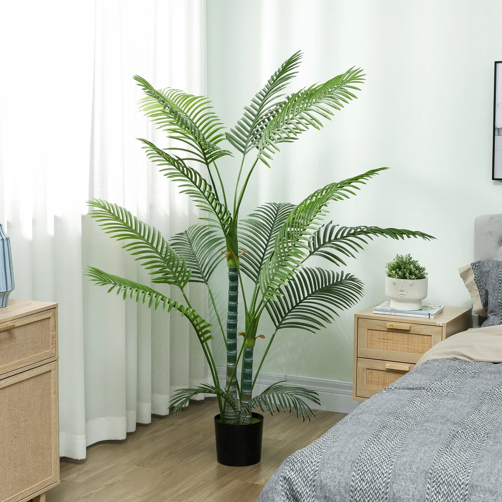 Dirbtinė palmė HOMCOM su 16 plastikinių lapų, UV spinduliams atsparus dirbtinis augalas su plastikiniu vazonu, vidaus ir lauko naudojimui, žalia