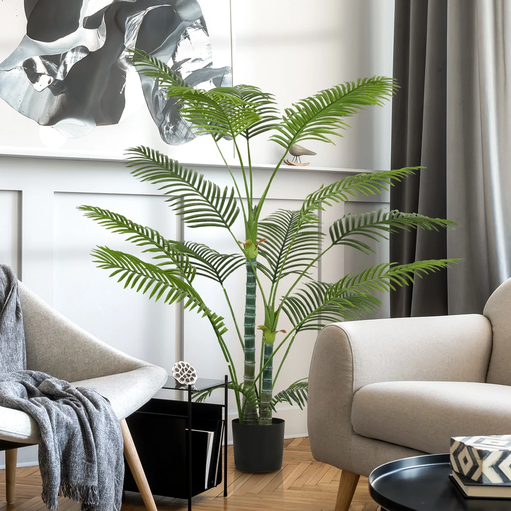 Dirbtinė palmė HOMCOM su 16 plastikinių lapų, UV spinduliams atsparus dirbtinis augalas su plastikiniu vazonu, vidaus ir lauko naudojimui, žalia