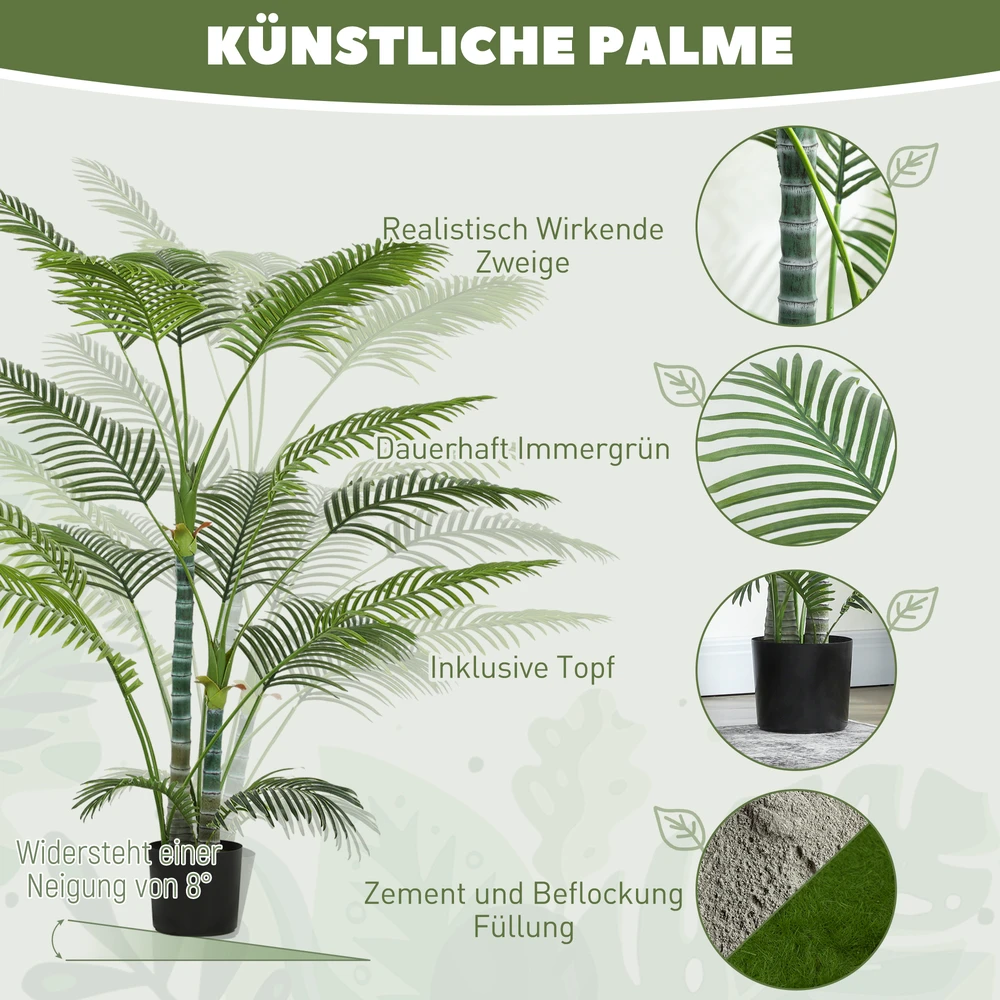 Dirbtinė palmė HOMCOM su 16 plastikinių lapų, UV spinduliams atsparus dirbtinis augalas su plastikiniu vazonu, vidaus ir lauko naudojimui, žalia