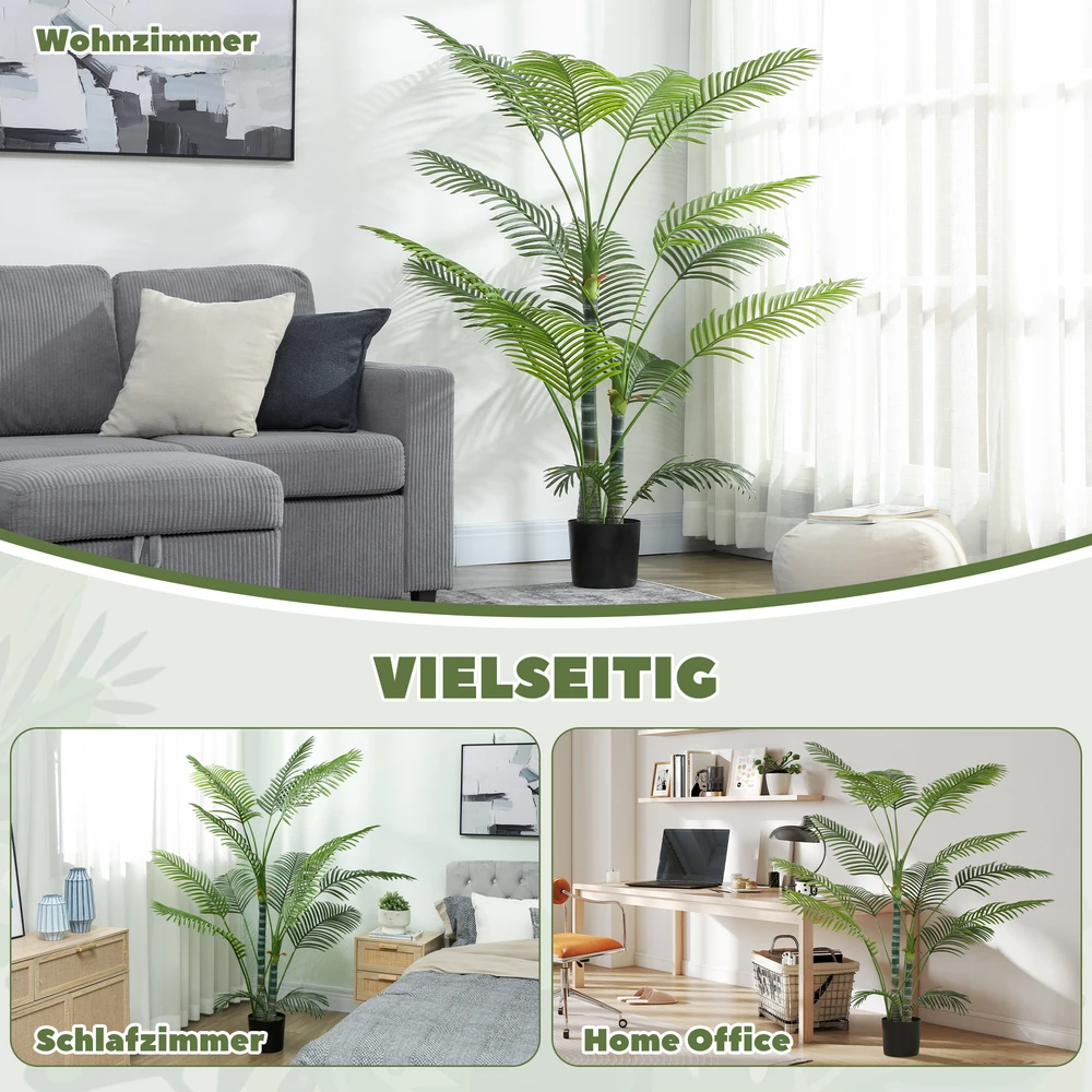 Dirbtinė palmė HOMCOM su 16 plastikinių lapų, UV spinduliams atsparus dirbtinis augalas su plastikiniu vazonu, vidaus ir lauko naudojimui, žalia