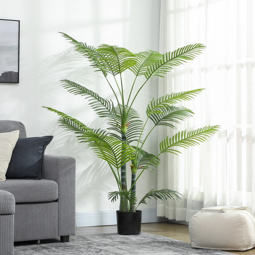 Dirbtinė palmė HOMCOM su 16 plastikinių lapų, UV spinduliams atsparus dirbtinis augalas su plastikiniu vazonu, vidaus ir lauko naudojimui, žalia