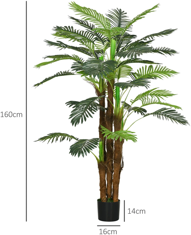 HOMCOM dirbtinis augalas, dirbtinė palmė, 160 cm dirbtinis augalas su 36 šakelėmis, kambarinis augalas, dirbtinis medis, augalų dekoracija vidaus ir lauko erdvėms, žalia