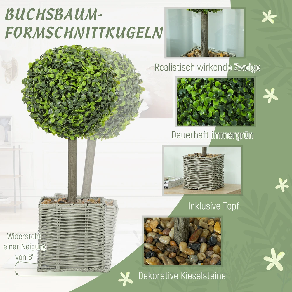 HOMCOM dirbtinių augalų rinkinys iš 2 vnt., UV spinduliams atsparūs vazoniniai dirbtiniai medeliai, tinkami naudoti patalpose ir lauke, plastikas, cementas, žalia