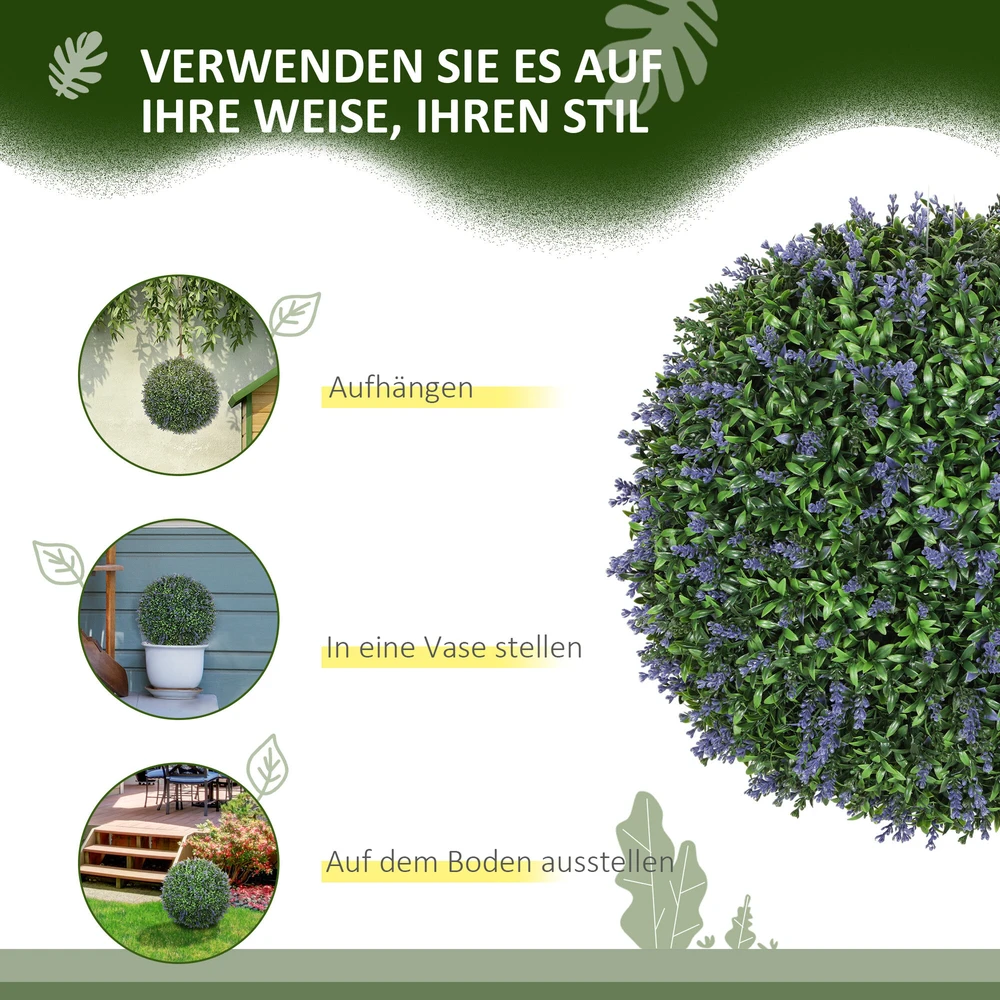HOMCOM 2 dirbtinių levandų rinkinys, 42 cm kambarinis augalas, rutuliuko formos dirbtinis augalas, didelės dekoratyvinės dirbtinės gėlės namams, biurui, prieškambariui, sodui, violetinė + žalia