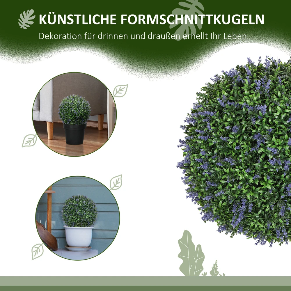 HOMCOM 2 dirbtinių levandų rinkinys, 42 cm kambarinis augalas, rutuliuko formos dirbtinis augalas, didelės dekoratyvinės dirbtinės gėlės namams, biurui, prieškambariui, sodui, violetinė + žalia