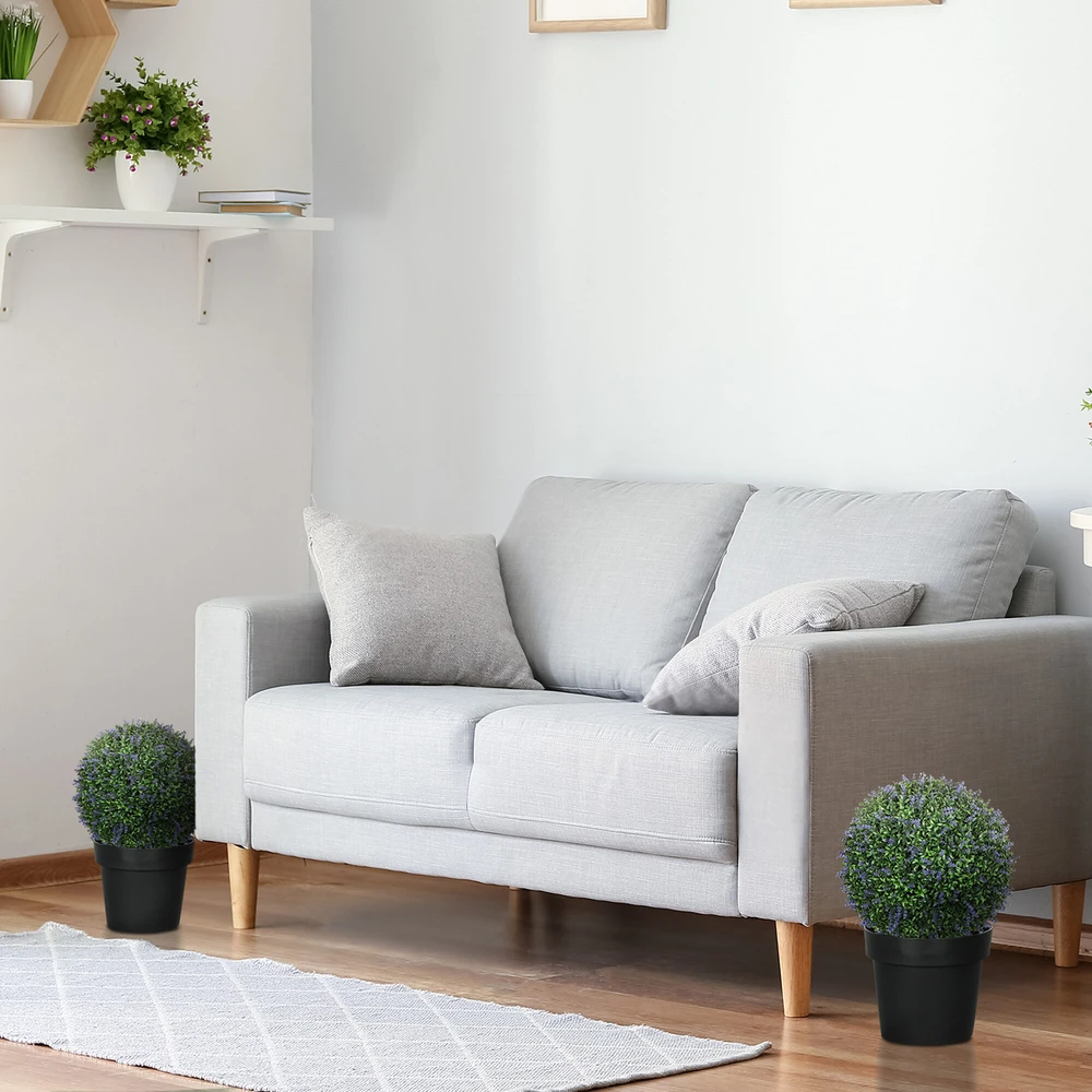 HOMCOM 2 dirbtinių levandų rinkinys, 42 cm kambarinis augalas, rutuliuko formos dirbtinis augalas, didelės dekoratyvinės dirbtinės gėlės namams, biurui, prieškambariui, sodui, violetinė + žalia