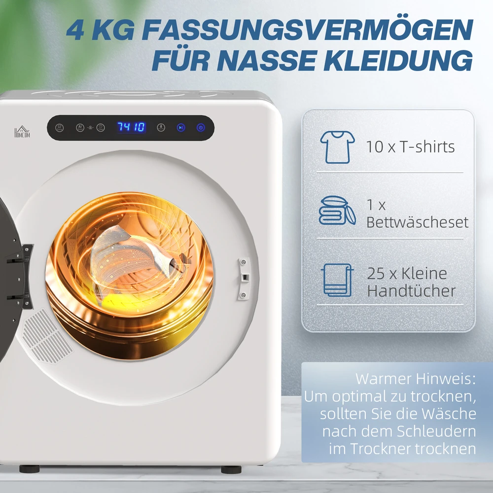 HOMCOM būgninė džiovyklė, 6 programos, 40-60℃, 4kg talpa, kompaktiška, jutiklinis valdymas, balta