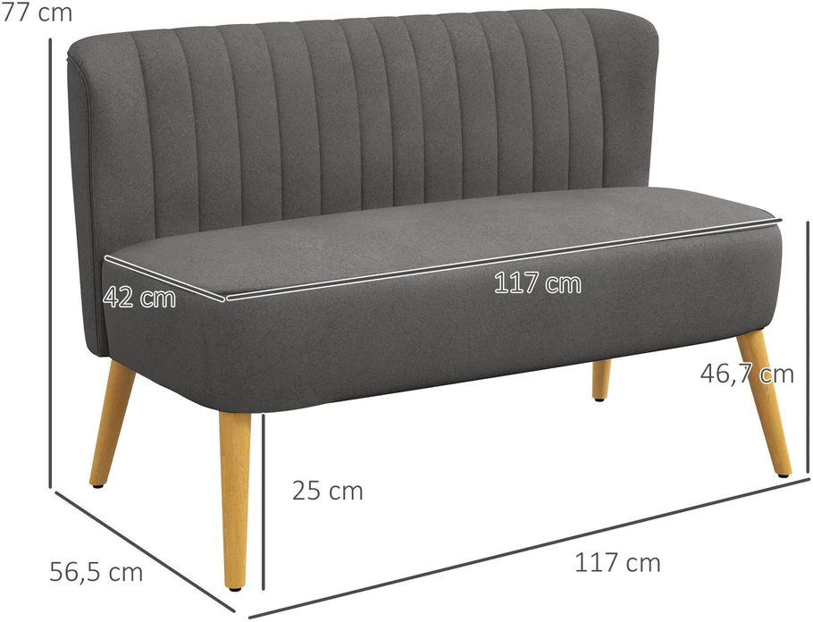 HOMCOM 2-vietė sofa, dvivietis suolo tipo krėslas, linų audinio išvaizda, medinės kojelės, iki 150 kg, tamsiai pilka, 117 x 56,5 x 77 cm