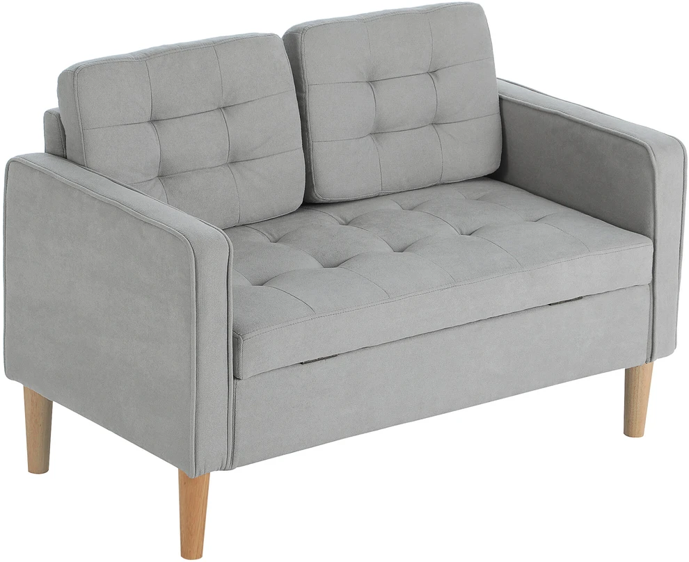 HOMCOM dvivietė sofa, sofa su daiktadėže, medinės kojelės, paminkštinta sofa, dvivietė sofa su aksomo efektu svetainei, miegamajam, 117 x 62 x 78 cm, šviesiai pilka | Aosom