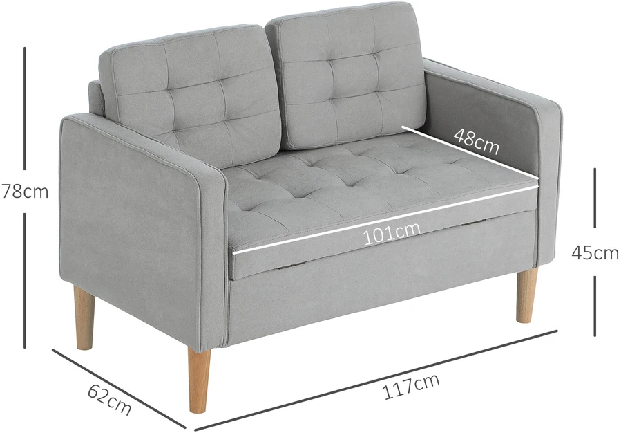 HOMCOM dvivietė sofa, sofa su daiktadėže, medinės kojelės, paminkštinta sofa, dvivietė sofa su aksomo efektu svetainei, miegamajam, 117 x 62 x 78 cm, šviesiai pilka | Aosom