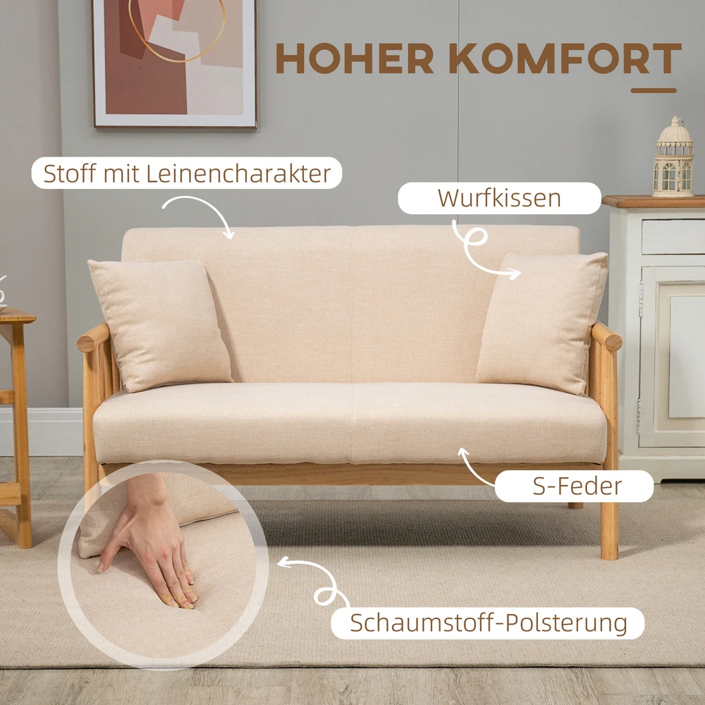 HOMCOM dvivietė sofa, 2 pagalvėlės juosmeniui, paminkštinta, medinis rėmas, lino išvaizda, mažiems kambariams, smėlio spalvos