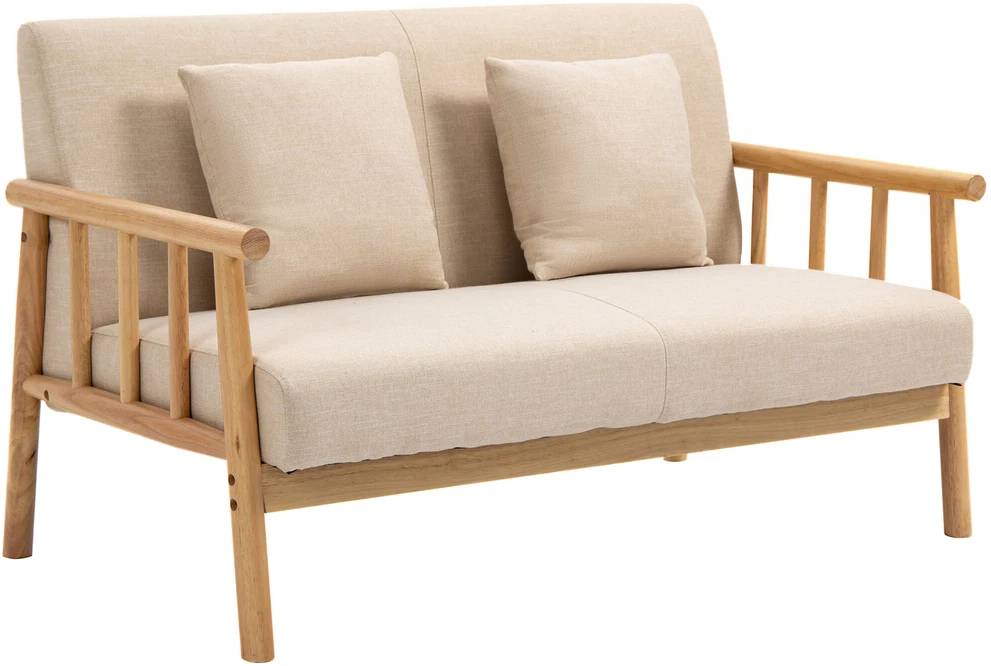 HOMCOM dvivietė sofa, 2 pagalvėlės juosmeniui, paminkštinta, medinis rėmas, lino išvaizda, mažiems kambariams, smėlio spalvos