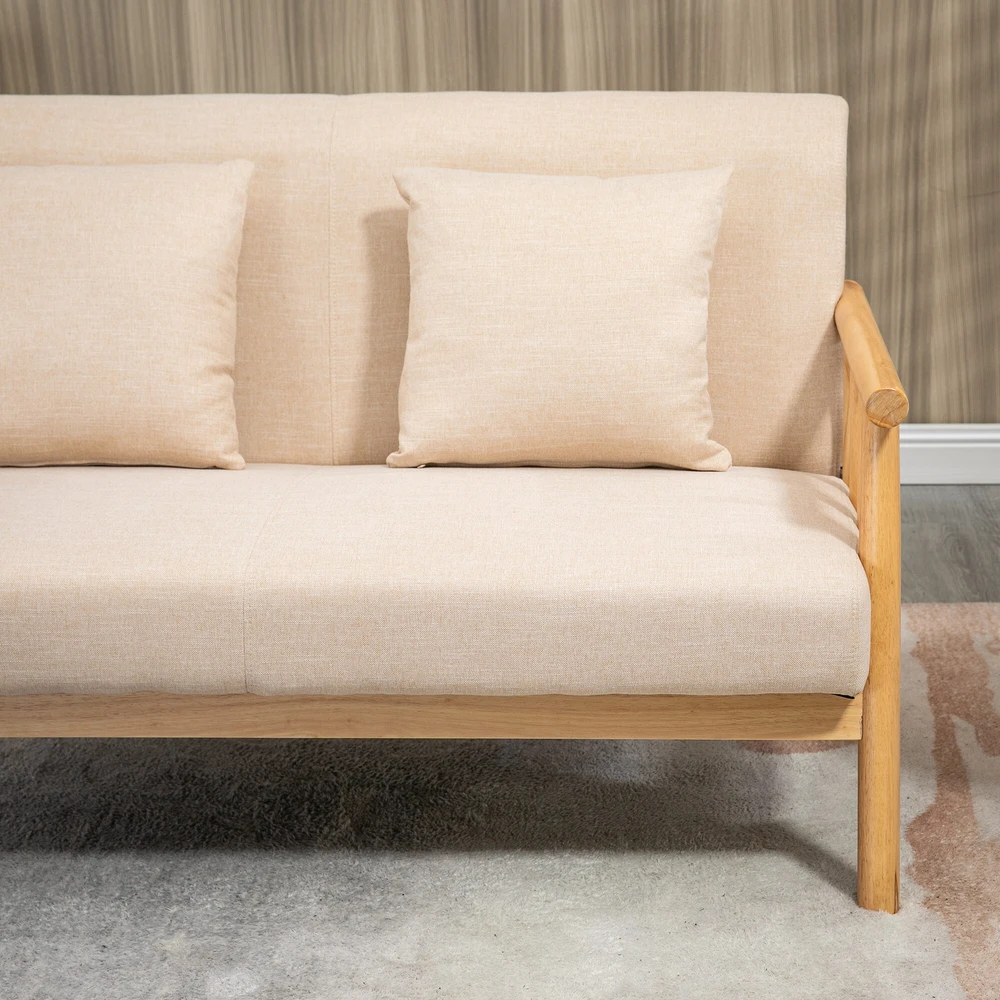 HOMCOM dvivietė sofa, 2 pagalvėlės juosmeniui, paminkštinta, medinis rėmas, lino išvaizda, mažiems kambariams, smėlio spalvos