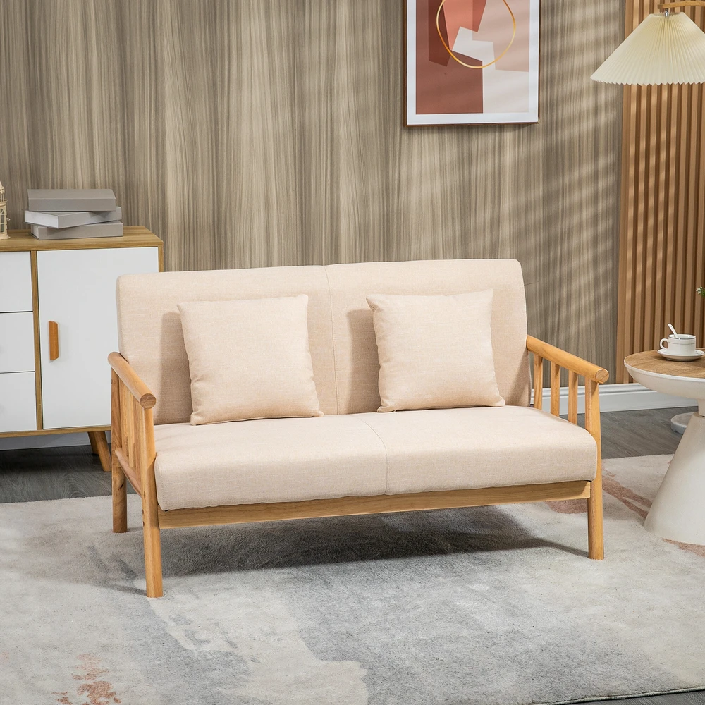 HOMCOM dvivietė sofa, 2 pagalvėlės juosmeniui, paminkštinta, medinis rėmas, lino išvaizda, mažiems kambariams, smėlio spalvos