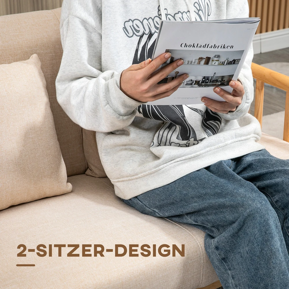 HOMCOM dvivietė sofa, 2 pagalvėlės juosmeniui, paminkštinta, medinis rėmas, lino išvaizda, mažiems kambariams, smėlio spalvos