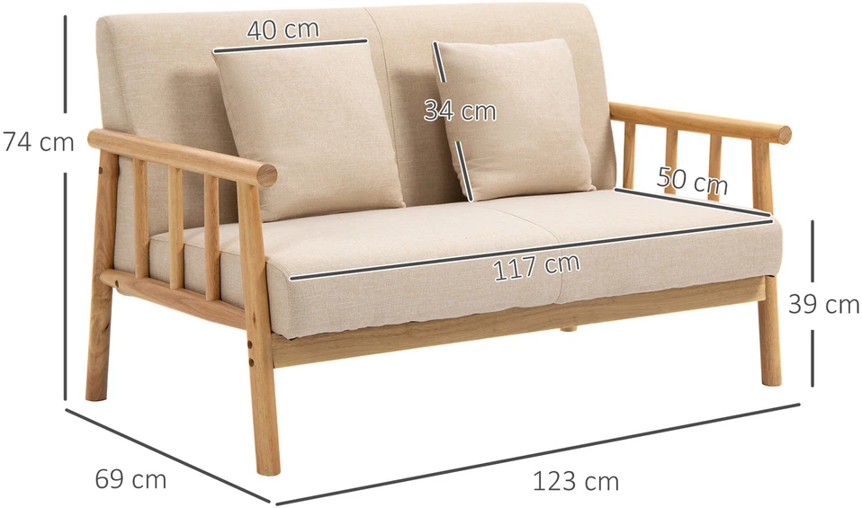 HOMCOM dvivietė sofa, 2 pagalvėlės juosmeniui, paminkštinta, medinis rėmas, lino išvaizda, mažiems kambariams, smėlio spalvos