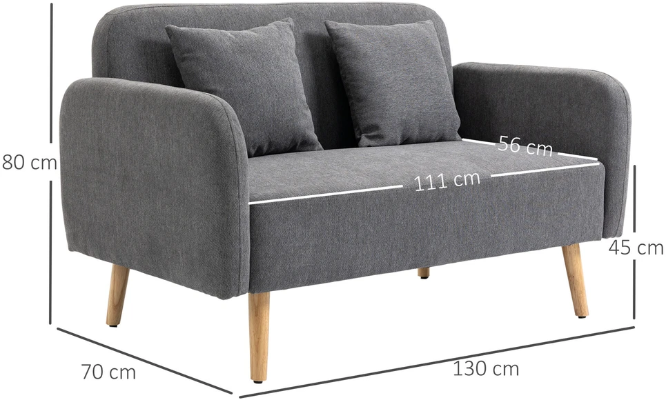 HOMCOM dvivietė sofa, „Loveseat“ su pagalvėlėmis, reguliuojamos kojų atramos, aksominis poliesteris, kaučiukmedis, porolonas, 2 vietų, audinio užvalkalas