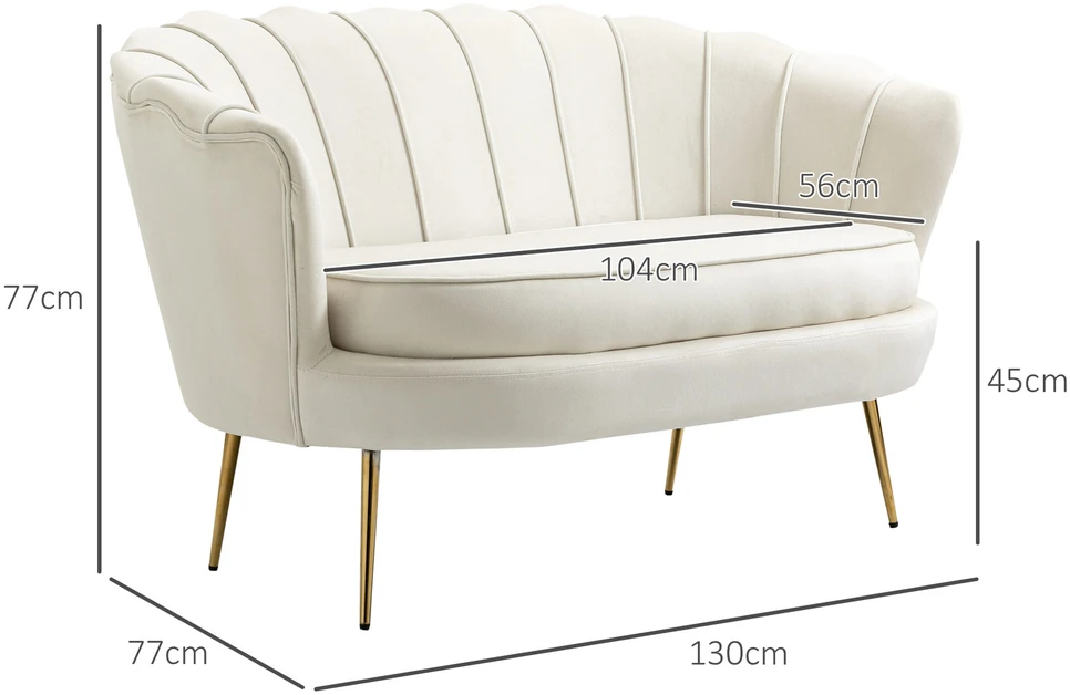 HOMCOM 2 sėdimų vietų sofa sofa minkšta sofa loveseat porankis aksomas iki 150 kg svetainė miegamasis kreminė 130x77x77cm