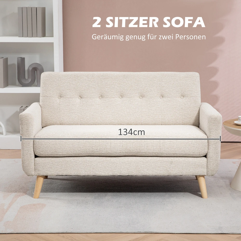 HOMCOM dvivietė sofa, sofa su storomis sėdynės ir nugaros pagalvėlėmis, aksominė išvaizda, minkšta sofa su medinėmis kojelėmis, modernaus stiliaus dvivietė sofa svetainei, miegamajam, smėlio spalvos
