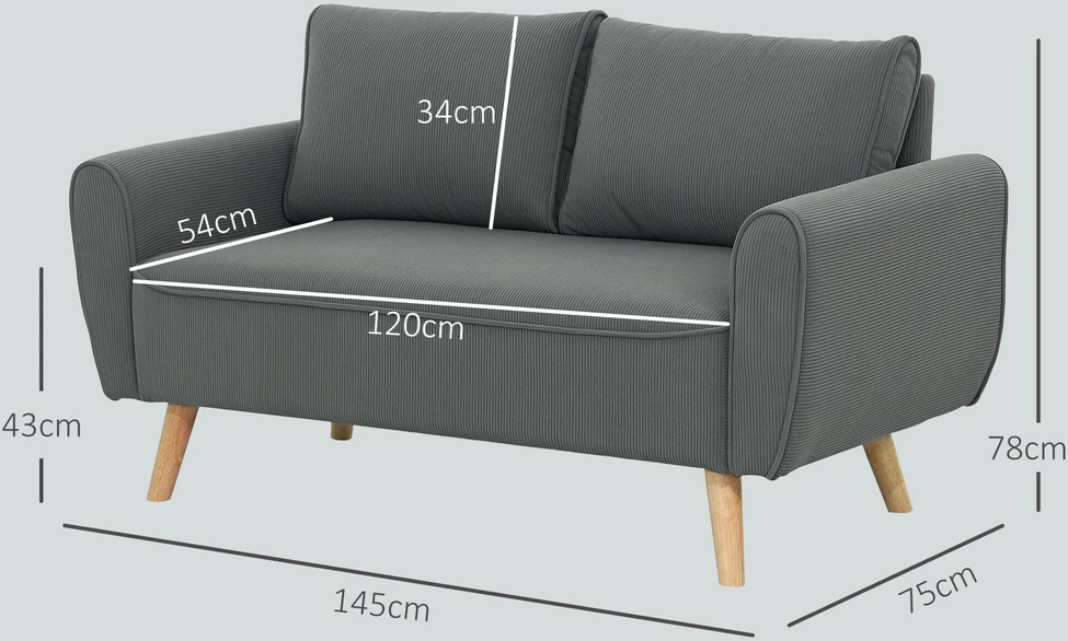 HOMCOM dvivietė sofa su 2 pagalvėlėmis, minkšta sofa su 54 cm itin giliomis sėdynėmis, kordine medžiaga aptraukta sofa, maža sofa su mediniu rėmu, dvivietė sofa svetainei, miegamajam, biurui, 145 x 75 x 78 cm, tamsiai pilka