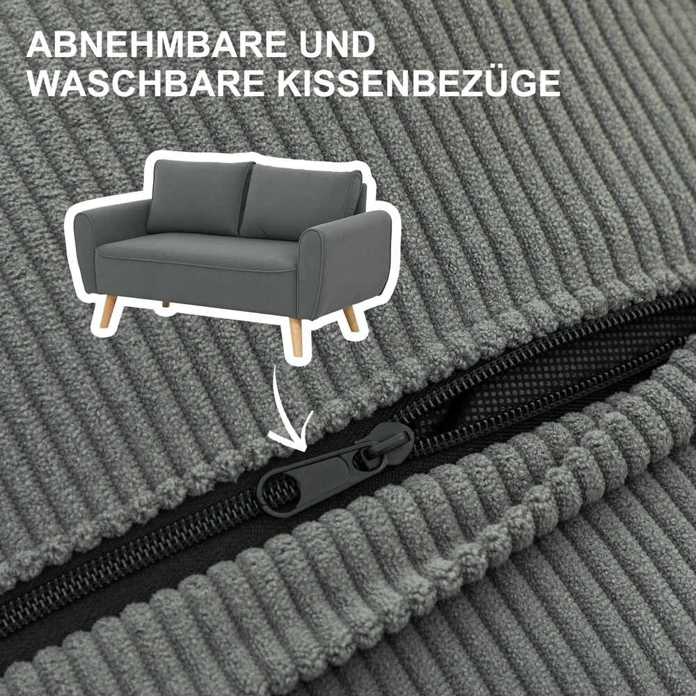 HOMCOM dvivietė sofa su 2 pagalvėlėmis, minkšta sofa su 54 cm itin giliomis sėdynėmis, kordine medžiaga aptraukta sofa, maža sofa su mediniu rėmu, dvivietė sofa svetainei, miegamajam, biurui, 145 x 75 x 78 cm, tamsiai pilka