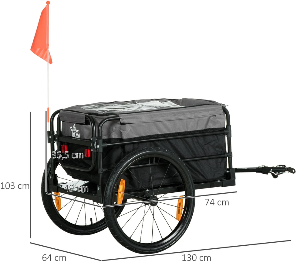 HOMCOM 2-in-1 dviračio priekaba krovininė priekaba transportavimo vežimėlis dviračiui su 20 colių pneumatiniais ratais 40 kg keliamosios galios 130 x 64 x 64/103 cm