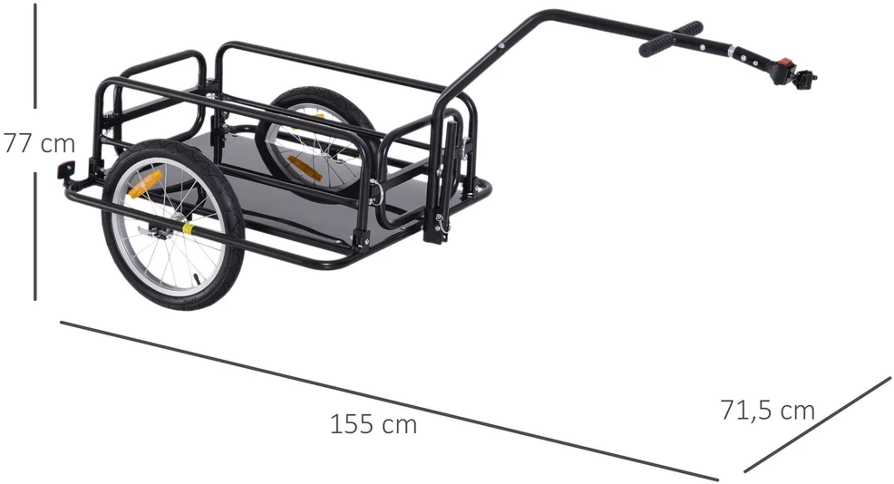 HOMCOM dviračio priekaba, krovininė priekaba, 40 kg keliamoji galia, transportavimo priekaba su sulankstoma jungtimi, juoda, 155x71,5x77 cm