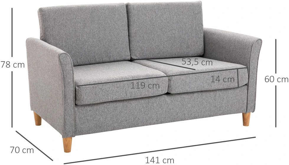 Homcom Dvivietė sofa su pagalvėlėmis, lininė, šviesiai pilka, 141x65x78cm