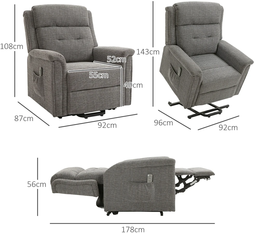 HOMCOM elektrinis pakeliamas krėslas televizijos krėslas poilsio krėslas su gulėjimo funkcija senjorų fotelis su nuotolinio valdymo pultu iki 170 kg pilkas 89x96x108 cm