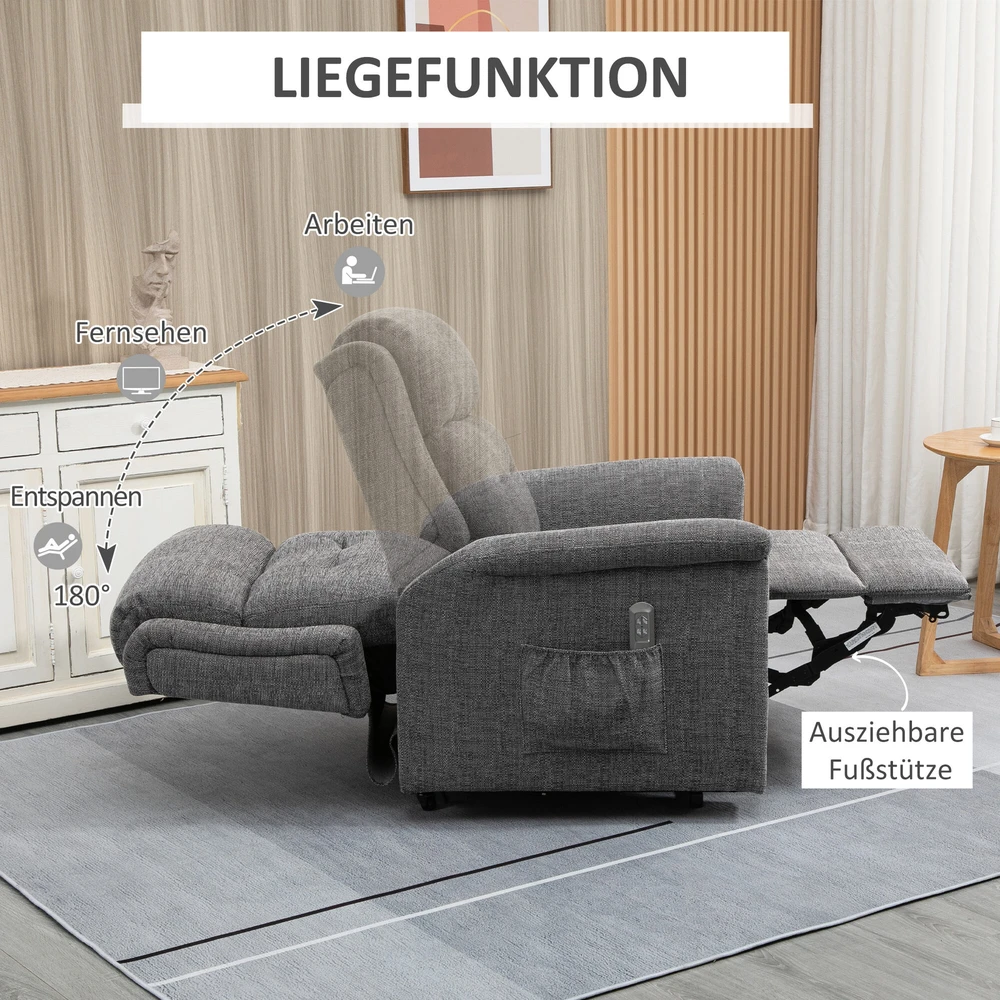 HOMCOM elektrinis pakeliamas krėslas televizijos krėslas poilsio krėslas su gulėjimo funkcija senjorų fotelis su nuotolinio valdymo pultu iki 170 kg pilkas 89x96x108 cm