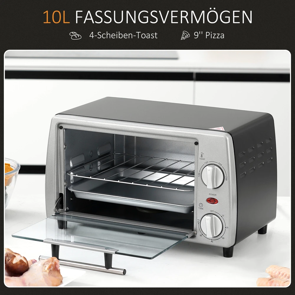 Gruzdintuvė HOMCOM elektrinė orkaitė 10L, su reguliuojama temperatūra ir laikmačiu, 750W, 36,5x26x22 cm, sidabrinė