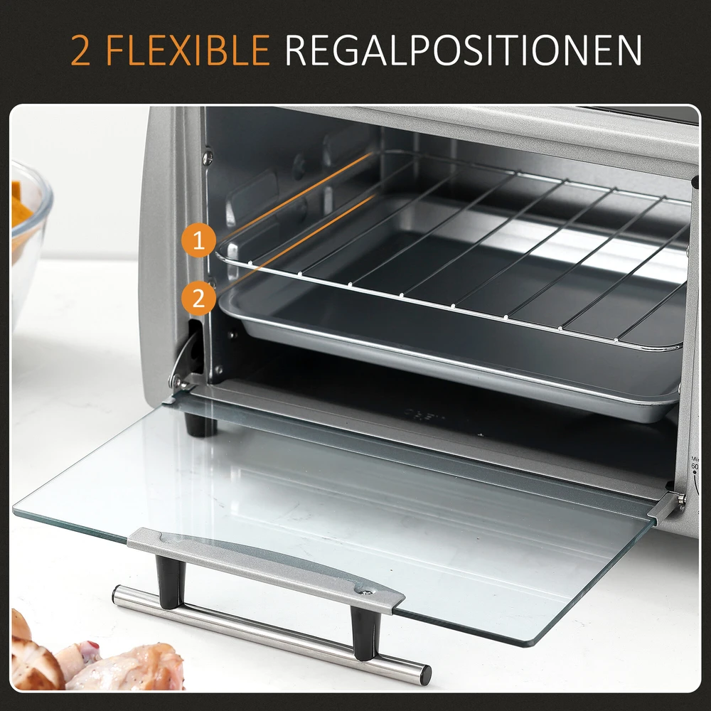 Gruzdintuvė HOMCOM elektrinė orkaitė 10L, su reguliuojama temperatūra ir laikmačiu, 750W, 36,5x26x22 cm, sidabrinė
