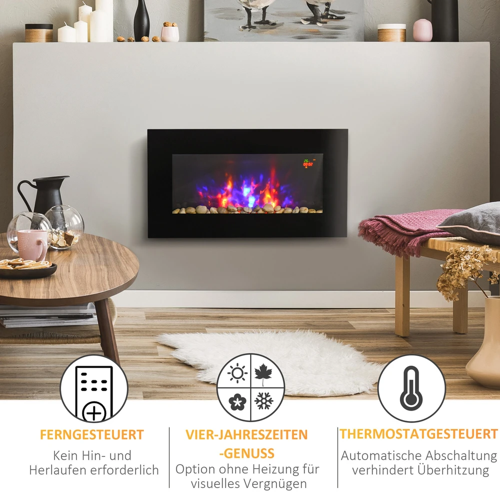 "HOMCOM" elektrinis židinys su LED liepsnos efektu, 1000/2000W 7 spalvų sieninis židinys, elektrinis židinys su nuotolinio valdymo pulteliu, montuojamas ant sienos, juodas