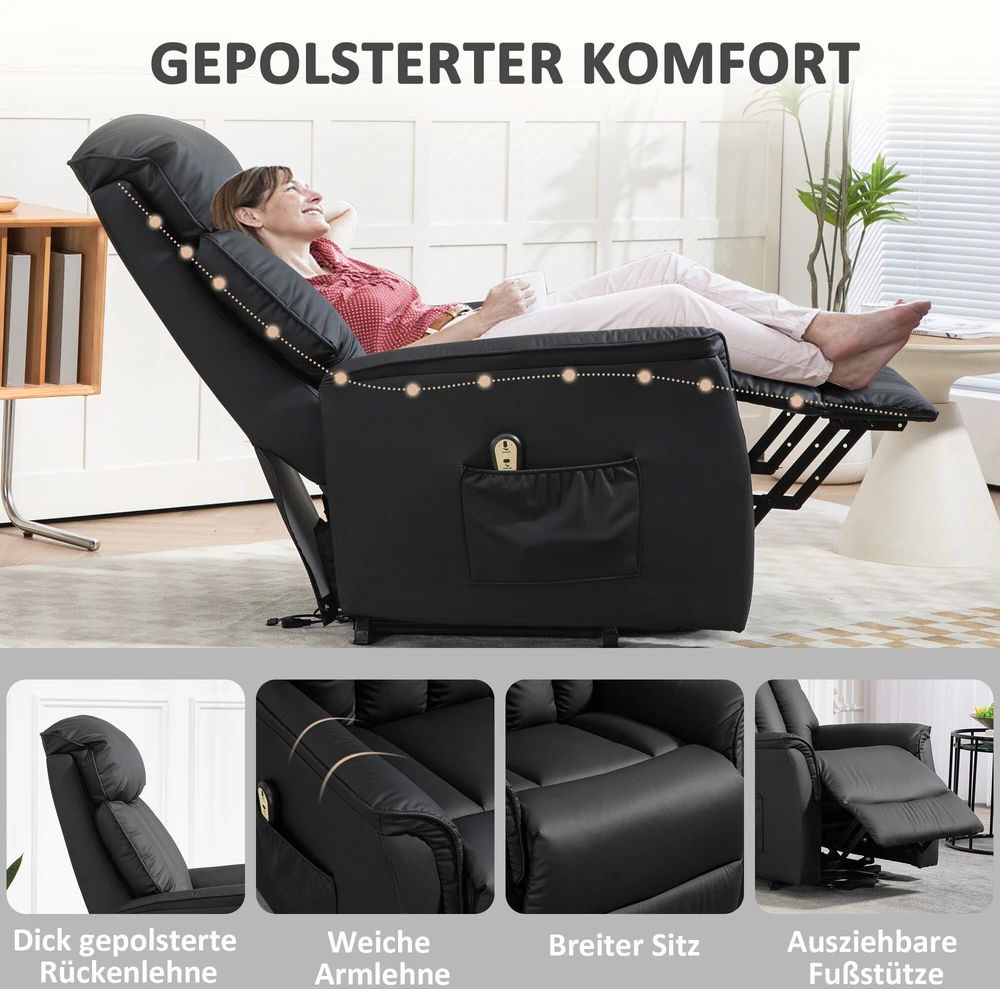 Fotelis HOMCOM Elektrinis poilsio krėslas su kėlimo funkcija, atlošimu, masažu, kojų atrama, šonine kišene, nuotoliniu pulteliu, svetainei, iki 150 kg, dirbtinė oda, juodas