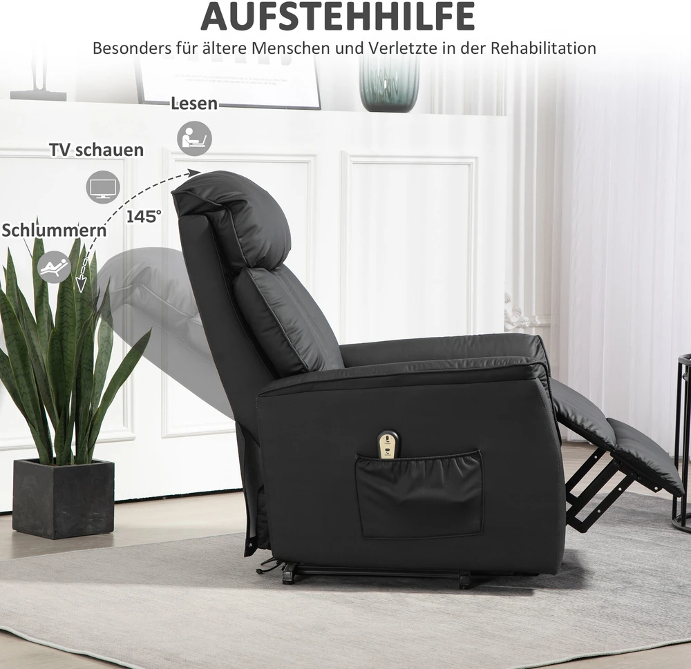 Fotelis HOMCOM Elektrinis poilsio krėslas su kėlimo funkcija, atlošimu, masažu, kojų atrama, šonine kišene, nuotoliniu pulteliu, svetainei, iki 150 kg, dirbtinė oda, juodas