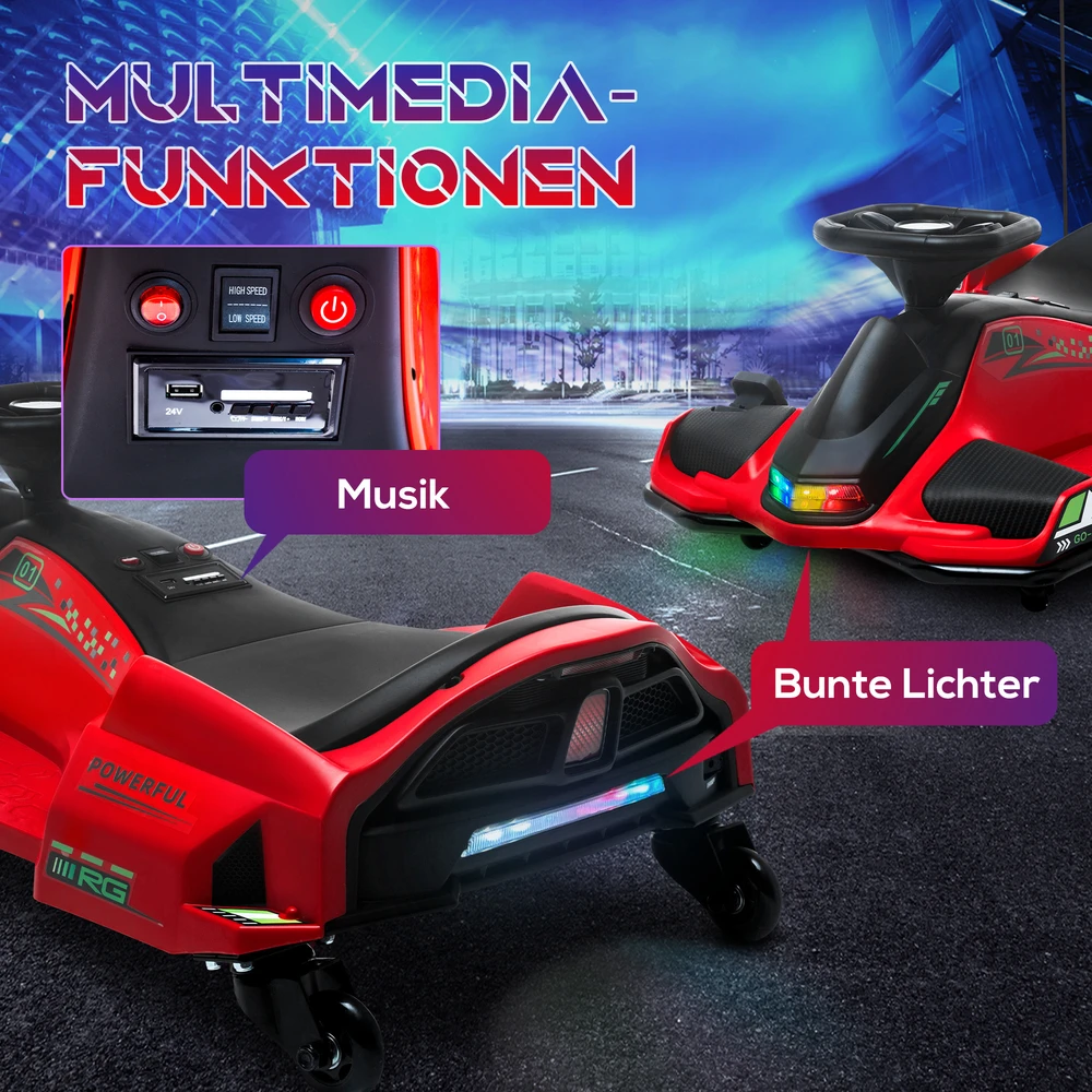 HOMCOM vaikiškas elektrinis kartingas 12 V, 3-8 km/val. Drifto kartingas su drifto režimu, lėto paleidimo funkcija, kartingas su šviesomis, muzika, saugos diržu, vaikiška transporto priemonė 8-12 metų vaikams, raudonas
