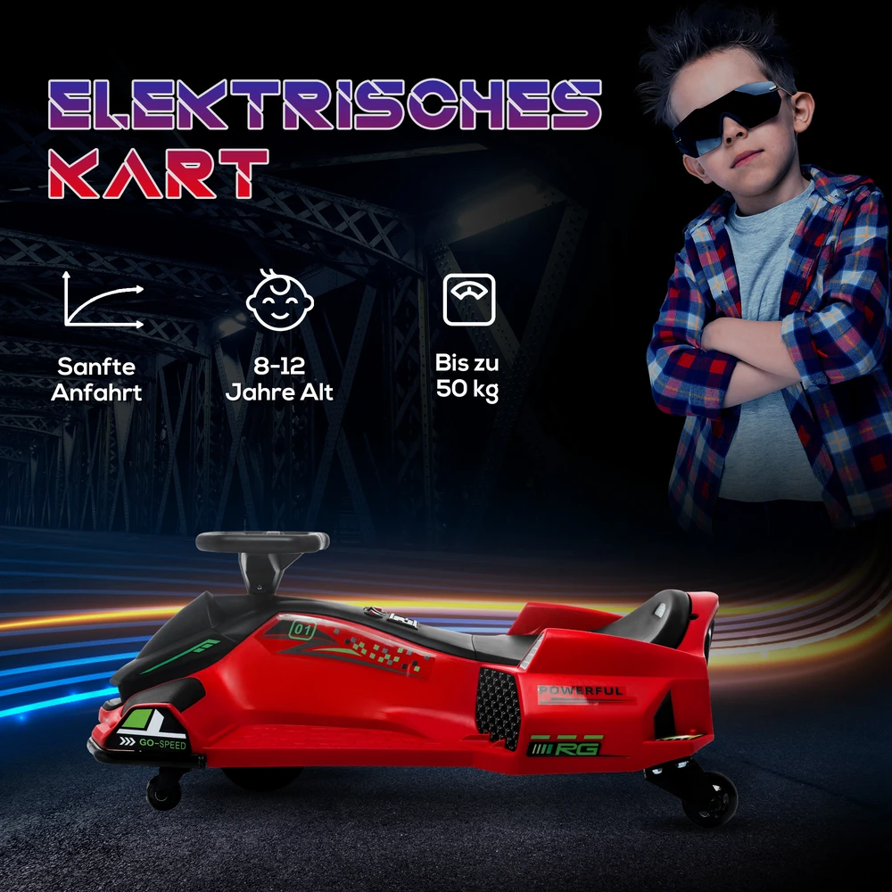 HOMCOM vaikiškas elektrinis kartingas 12 V, 3-8 km/val. Drifto kartingas su drifto režimu, lėto paleidimo funkcija, kartingas su šviesomis, muzika, saugos diržu, vaikiška transporto priemonė 8-12 metų vaikams, raudonas