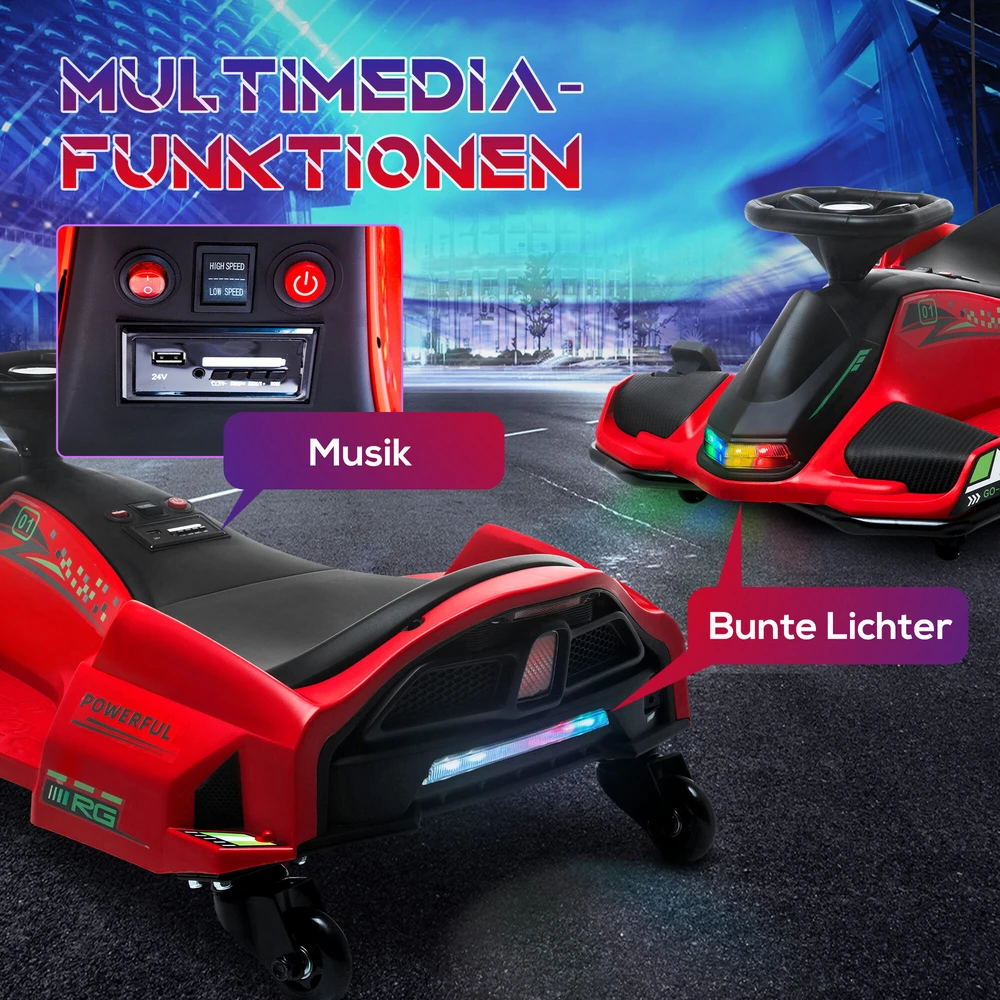 HOMCOM vaikiškas elektrinis kartingas 12 V, 3-8 km/val. Drifto kartingas su drifto režimu, lėto paleidimo funkcija, kartingas su šviesomis, muzika, saugos diržu, vaikiška transporto priemonė 8-12 metų vaikams, raudonas