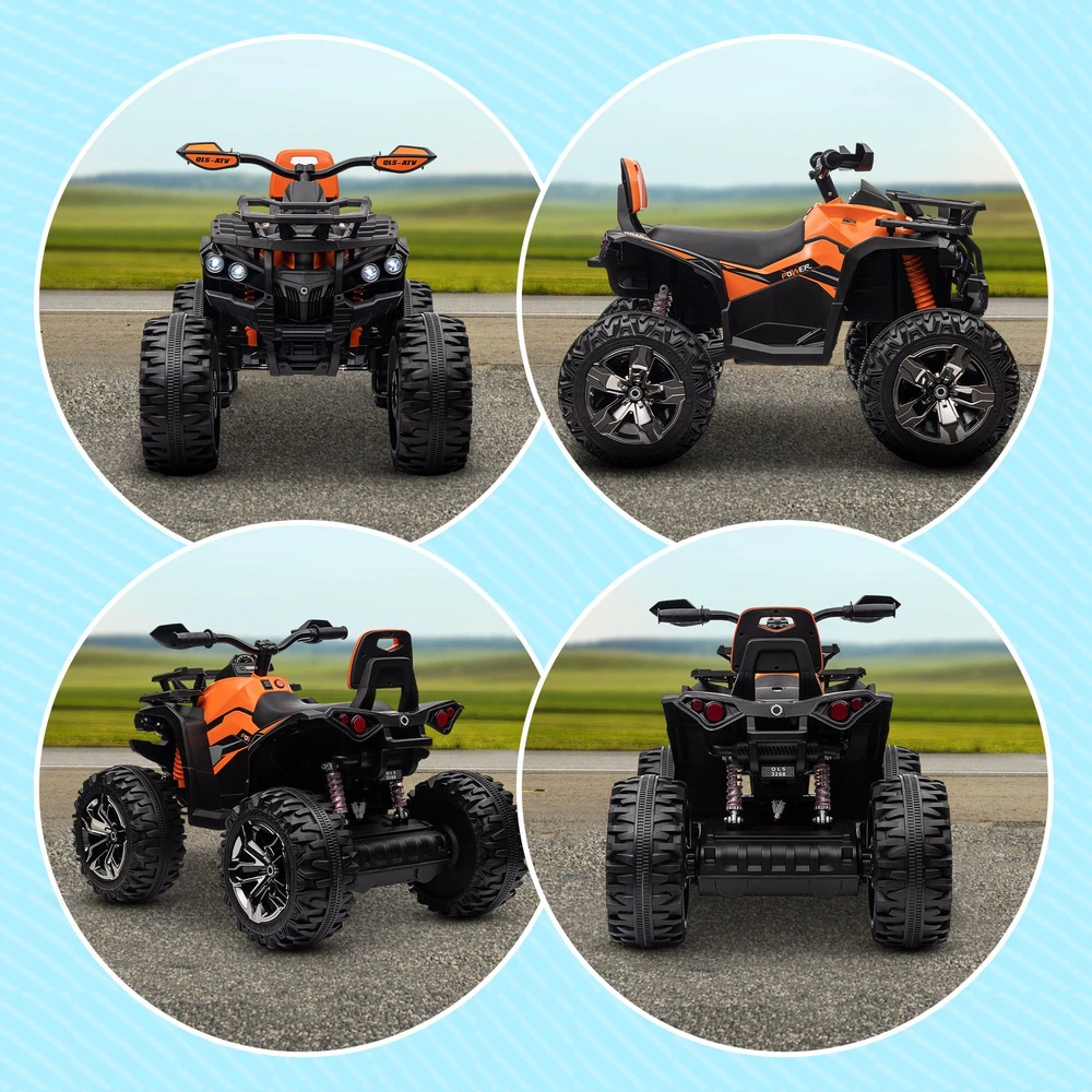 Vaikiškas keturratis HOMCOM, 12V 10Ah, su pirmyn ir atgal važiavimo funkcija, 2 varikliais, USB jungtimi, MP3 grotuvu, žibintais, 3-8 km/val., vaikams nuo 3-5 metų, oranžinis